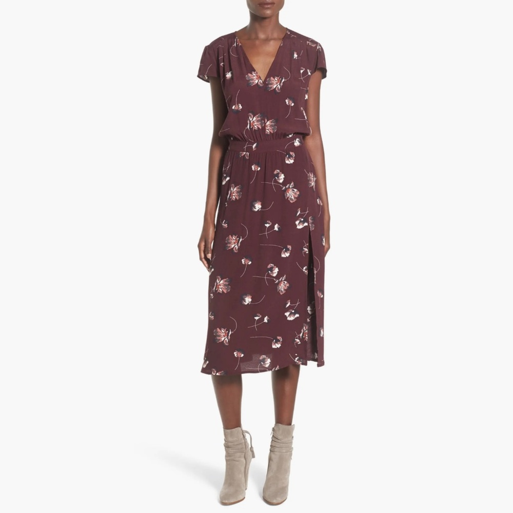 Leith Burgundy Floral High Slit Midi Dress